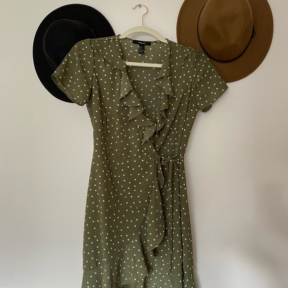 Sage green, polka dot, ruffle wrap dress. Like new - Picture 3 of 4